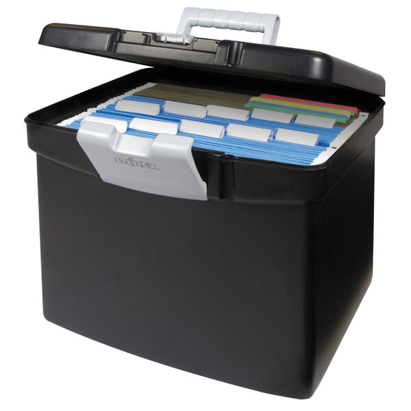 A black Storex portable letter file storage box with several files inside.