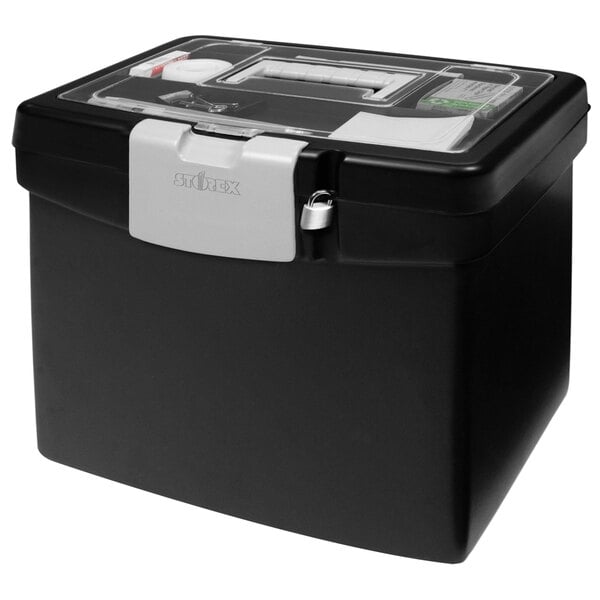 A black Storex portable letter file storage box with a white lid.