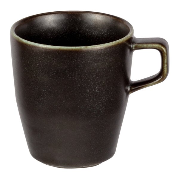 A black mug with a handle.