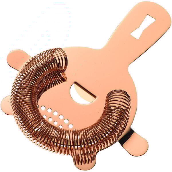 A copper-plated metal Barfly Hawthorne strainer with a spiral.