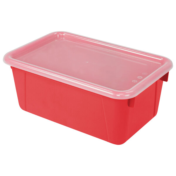 A red plastic Storex cubby bin with a clear lid.