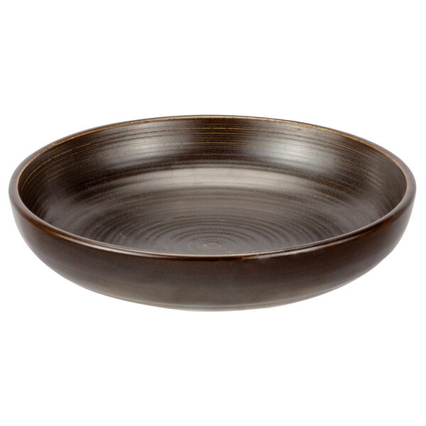 A brown bowl with a black rim on a white background.