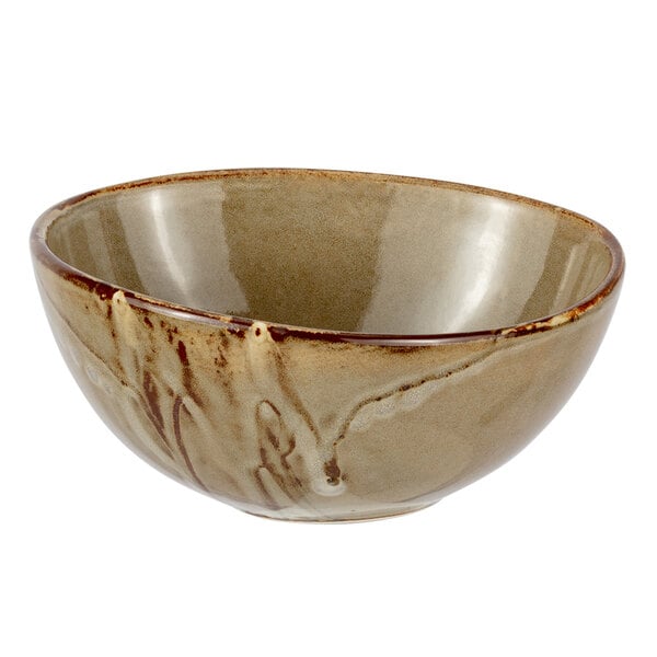 A white porcelain bowl with a brown rim.
