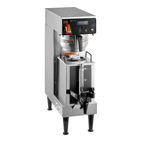 A Bunn commercial coffee brewer with a stainless steel base and a digital display.