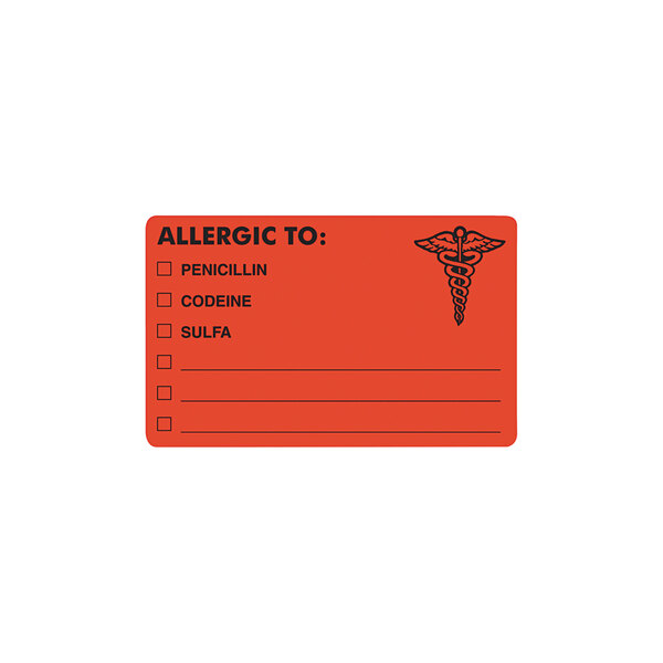 Tabbies 00488 2 1/2" x 4" Orange Drug Allergy Medical Warning Label