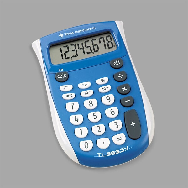 A close-up of a blue and white Texas Instruments TI-503SV pocket calculator.
