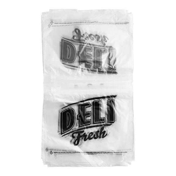A stack of clear plastic deli bags with 'Deli Fresh' printed on them, designed for use with a saddle bag stand.