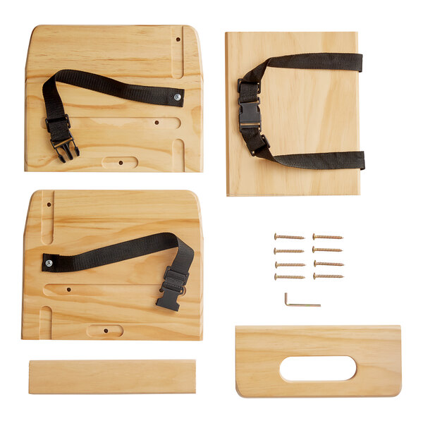 A wooden board with a black strap on a Lancaster Table & Seating Unassembled Wooden Booster Seat.