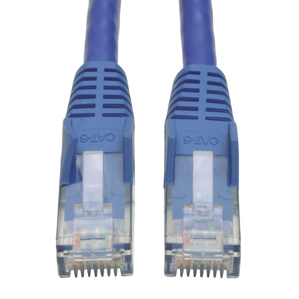 A close-up of a blue Tripp Lite Cat6 Ethernet Cable with a snagless molded end.