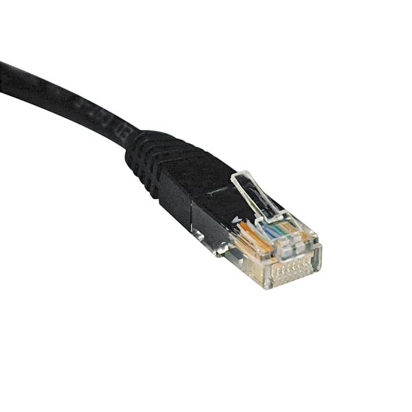 A close-up of a black Tripp Lite Cat5e Ethernet cable.