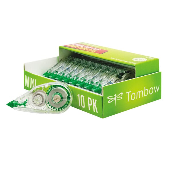 A green box of 10 Tombow Mono Mini Corrective Tape dispensers sitting on a white box.