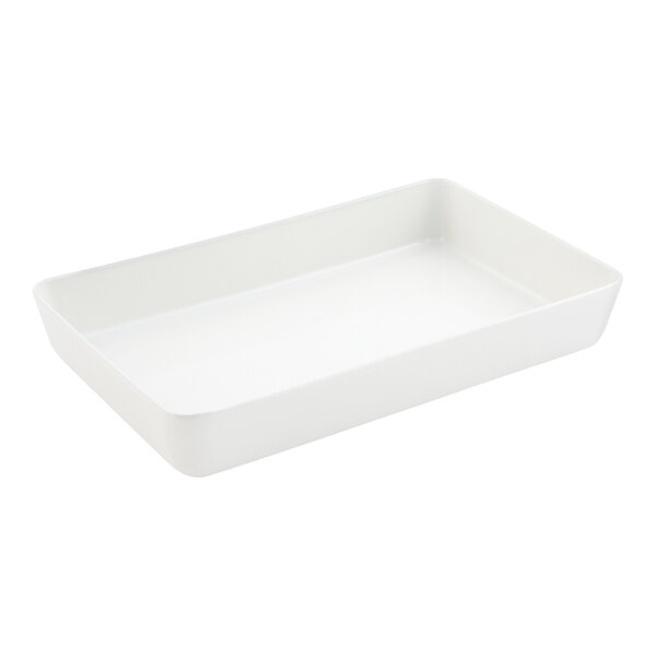 A rectangular, white, shallow dish with slightly rounded corners and smooth sides.