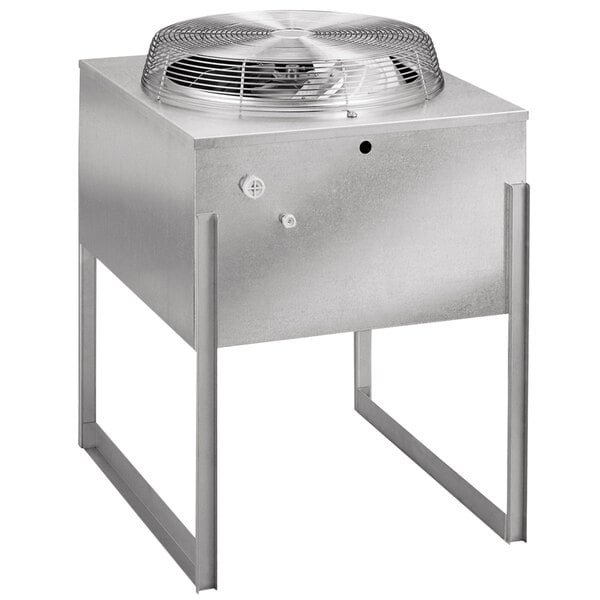 A large metal Manitowoc JCF0900-261 vertical discharge remote ice machine condenser box with a fan on it.