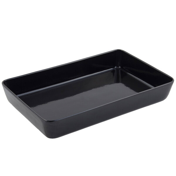 A black rectangular Bon Chef cast aluminum casserole with handles.