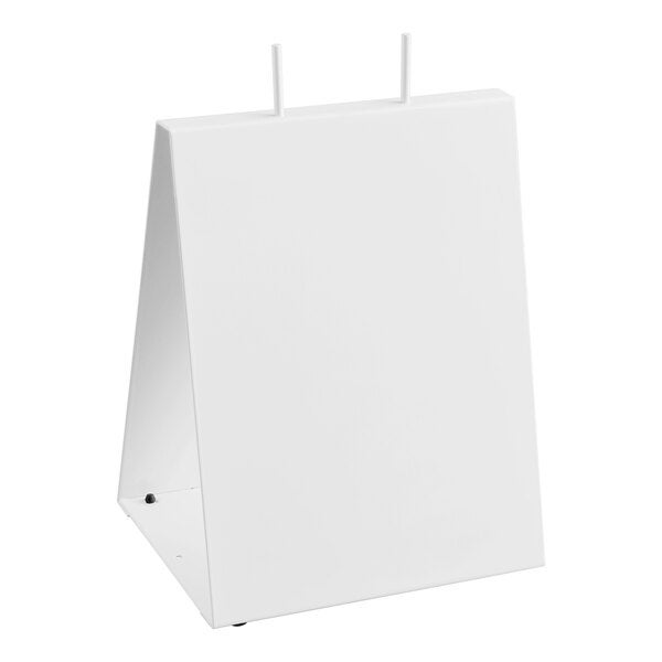 A white deli saddle bag stand with an angled design and two upright rods at the top, measuring 8 inches by 11 3/4 inches.