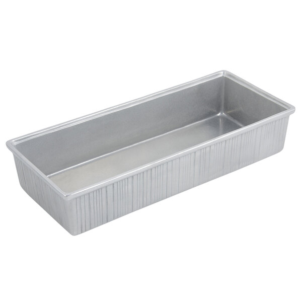 A silver rectangular Bon Chef pewter glo cast aluminum bowl with a handle.