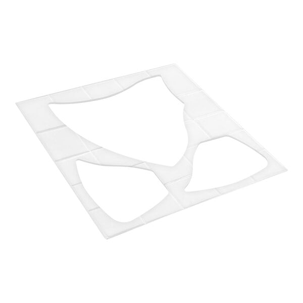 A white rectangular tile with three irregularly shaped cutouts, viewed from an angle against a white background.