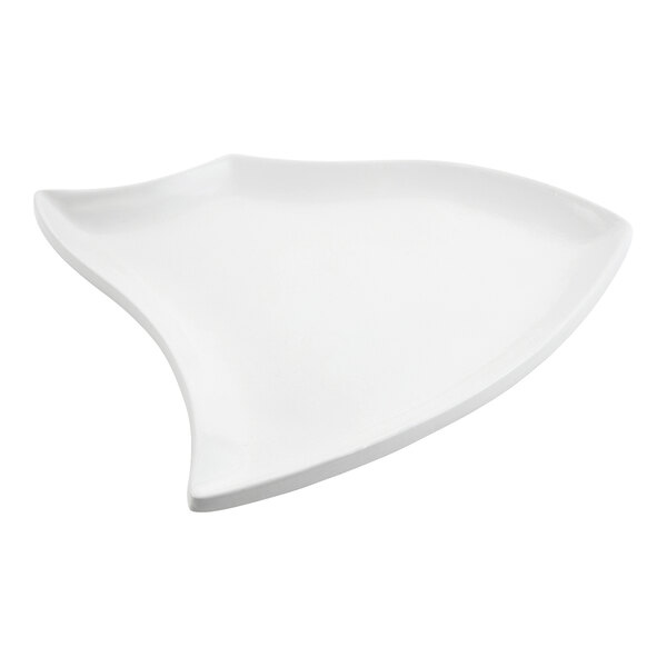 A white, asymmetrical platter with a smooth surface and gently curved edges.