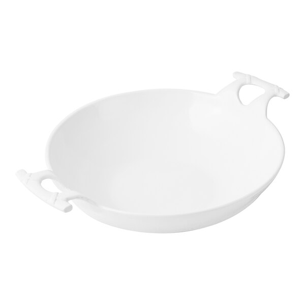 A white, round bowl with two decorative handles on opposite sides.