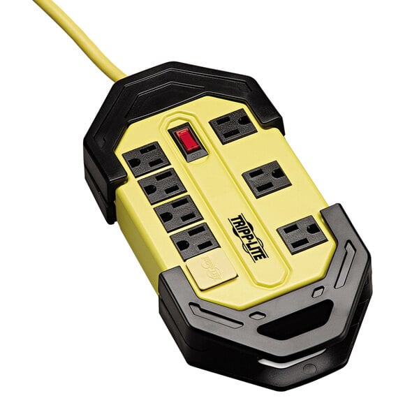A yellow and black Tripp Lite industrial power strip with 8 outlets.