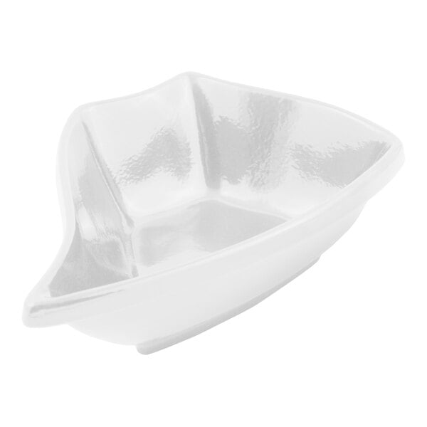 A white, leaf-shaped bowl with a glossy, textured finish.