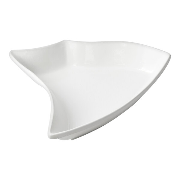 A white bowl with an irregular, modern triangular shape and smooth finish.