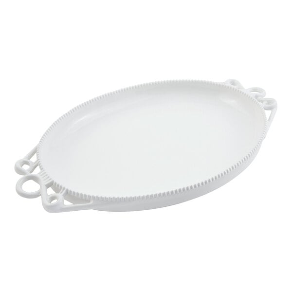 A white oval platter with a textured rim and decorative looped handles on both ends.