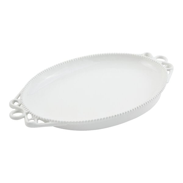 A white oval platter with a beaded edge and decorative looped handles on both ends.