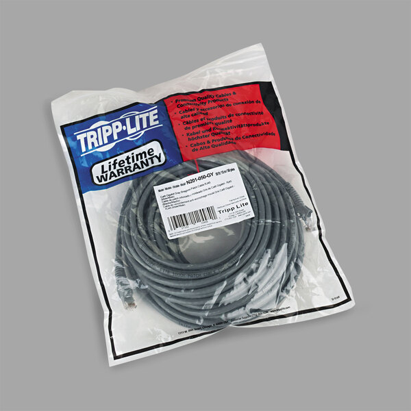 A package of gray Tripp Lite Cat6 Ethernet cable with a close-up of the label.