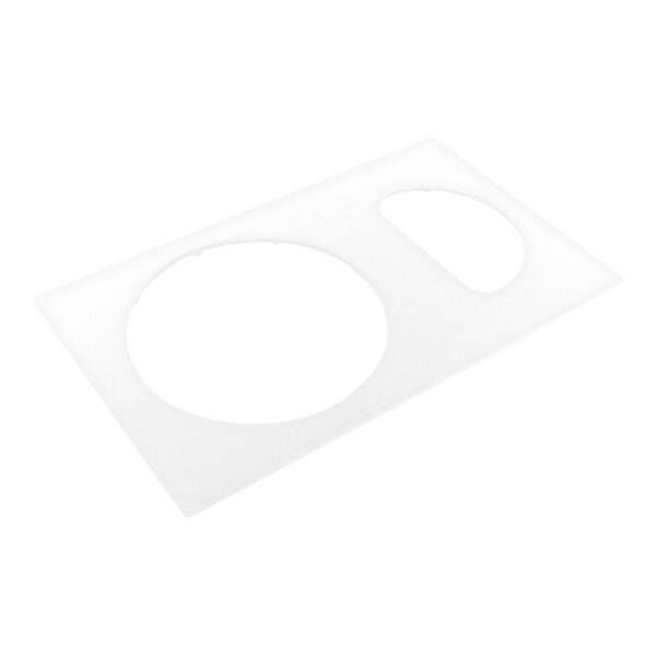 A rectangular white panel with one large circular cutout and one smaller oval cutout.