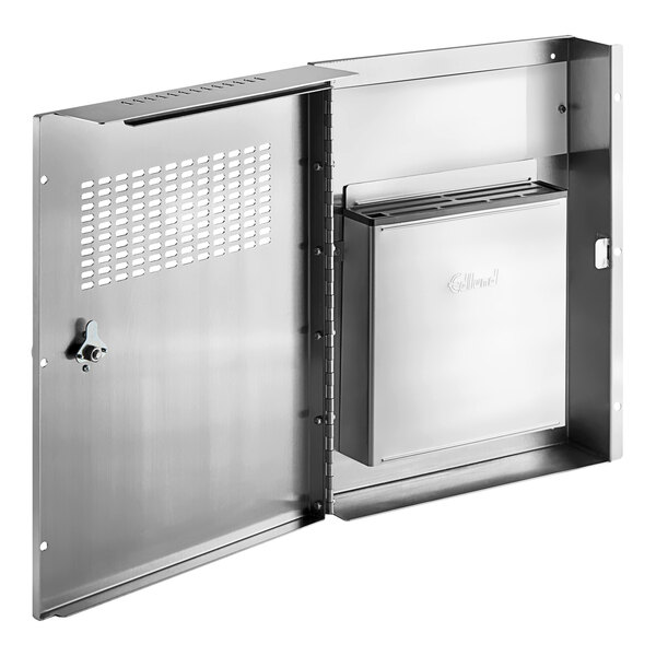 An Edlund stainless steel metal cabinet with a metal door open.