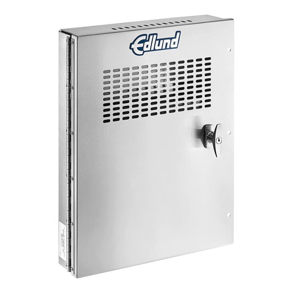 An Edlund silver stainless steel knife cabinet with a lock.