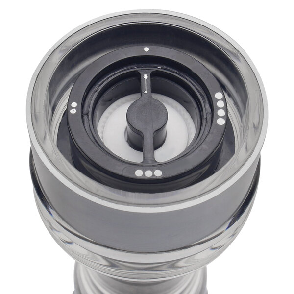 A close up of the Chef Specialties Lehigh acrylic pepper mill and salt shaker set with white background.