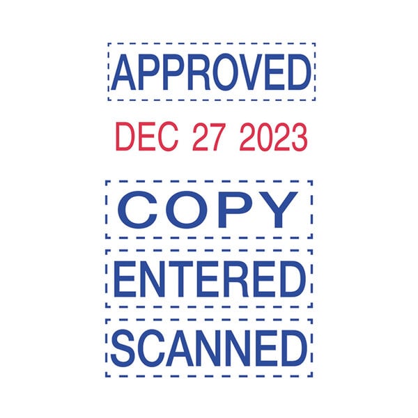 A close-up of blue and red text on a white background using a Trodat 5-in-1 micro date stamp.