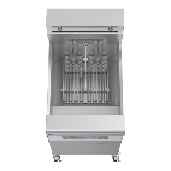 A commercial electric floor fryer with built-in controls and filtration system.