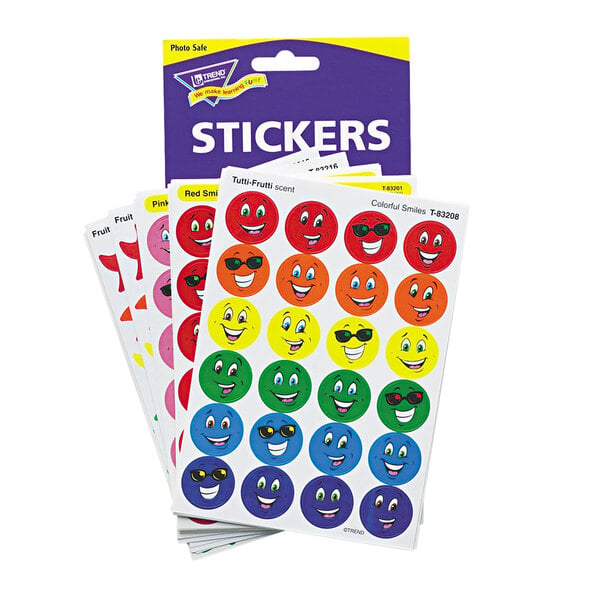 A variety pack of Trend Stinky Stickers with smiles and stars in different colors of faces.