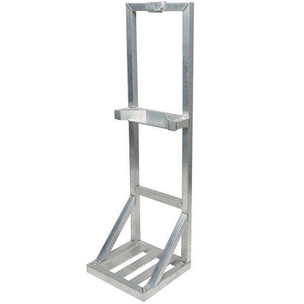 A Devault aluminum keg rack with shelves on it.