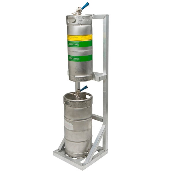 A Devault aluminum keg rack holding two slim kegs.