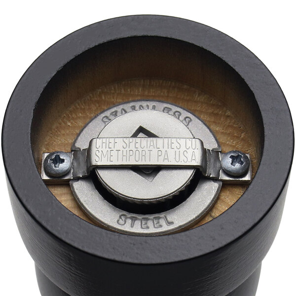 A close up of a Chef Specialties Salem Ebony pepper grinder.