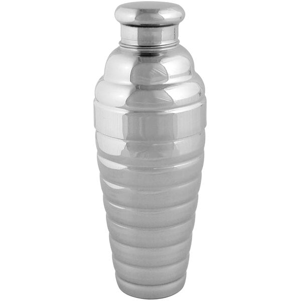 A Tablecraft stainless steel cobbler cocktail shaker with a lid.
