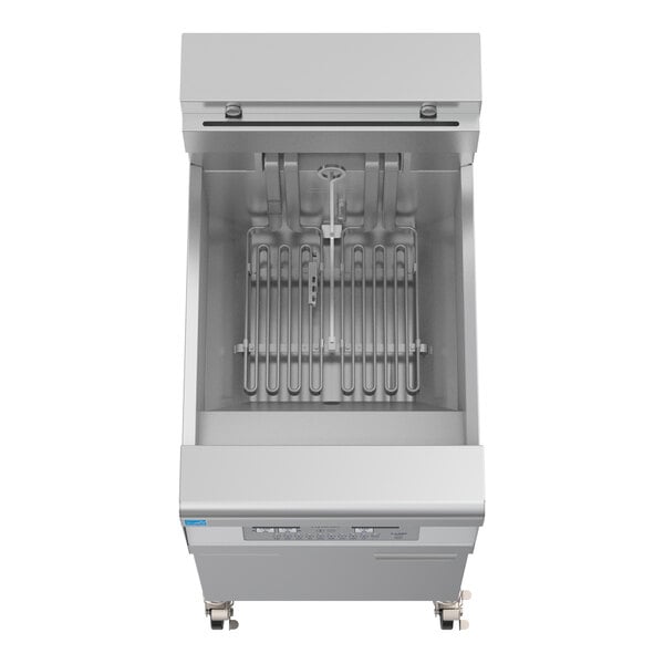 A commercial electric floor fryer with oil-conserving features and digital controls.