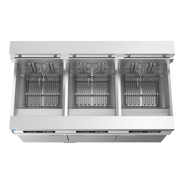 A commercial electric floor fryer with three separate frying units and a digital controller.