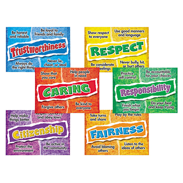 A group of colorful cards with the words respect, trust, and trust in black text.