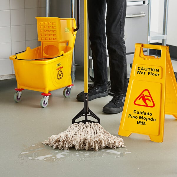 Lavex Wet Mop Kit with 35 Qt. Yellow Mop Bucket, Wet Floor Sign, Handle, and 12 Mop Heads
