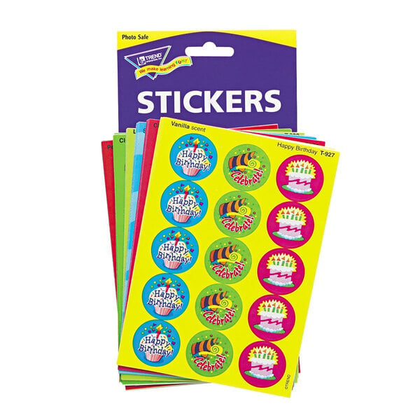 A package of Trend Stinky Stickers with a variety of colorful birthday and holiday designs.