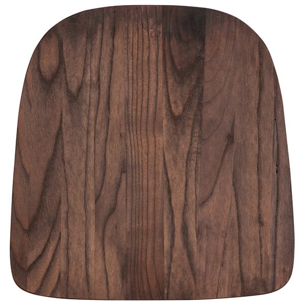 A rustic walnut wood chair seat.