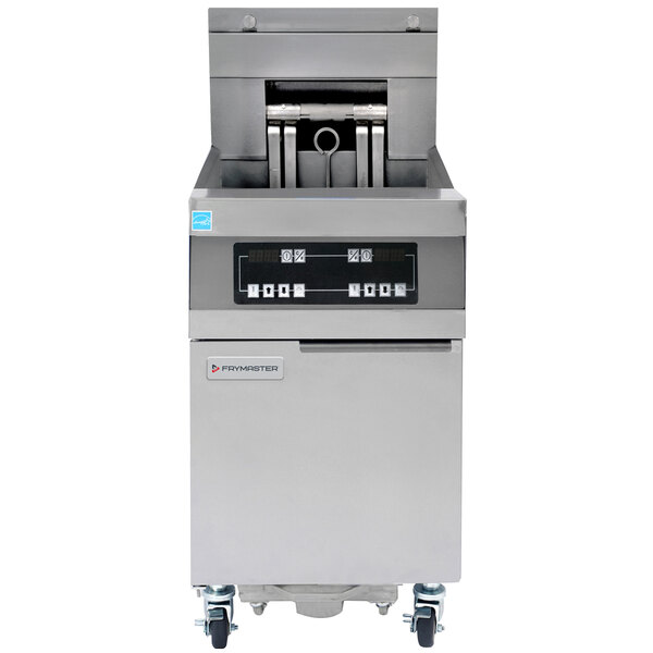 A Frymaster 11814EF electric floor fryer with wheels.