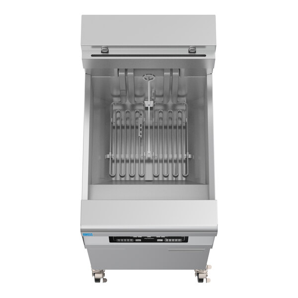 A commercial electric floor fryer with a digital controller and built-in filtration system.