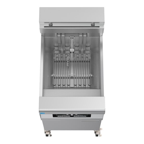 A commercial electric floor fryer with built-in controls and filtration system.