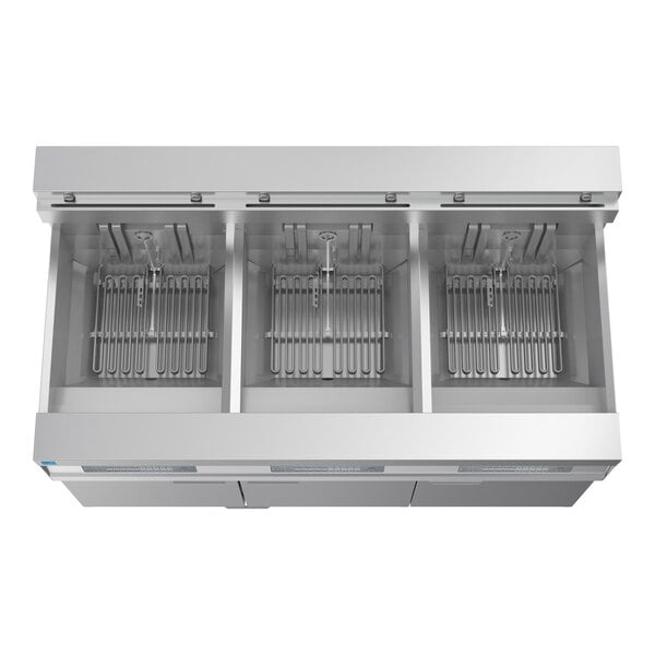A commercial three-unit electric floor fryer with oil-conserving and filtration system features.